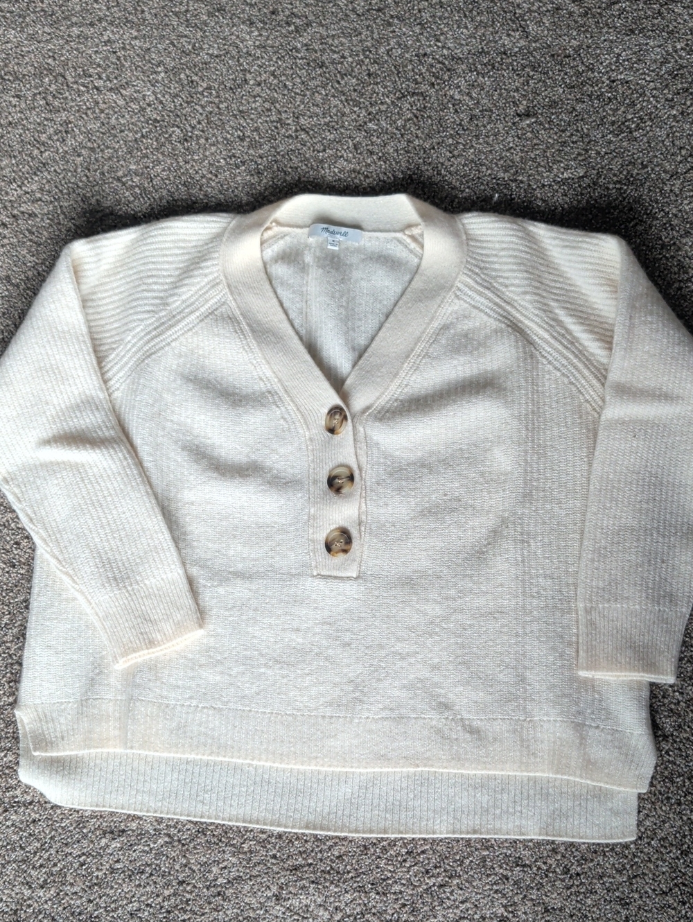Women's Cream V-Neck Henley Sweater with Button Placket, 60% Merino Wool